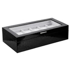 Black crocodile-patterned jewelry box with white interior 