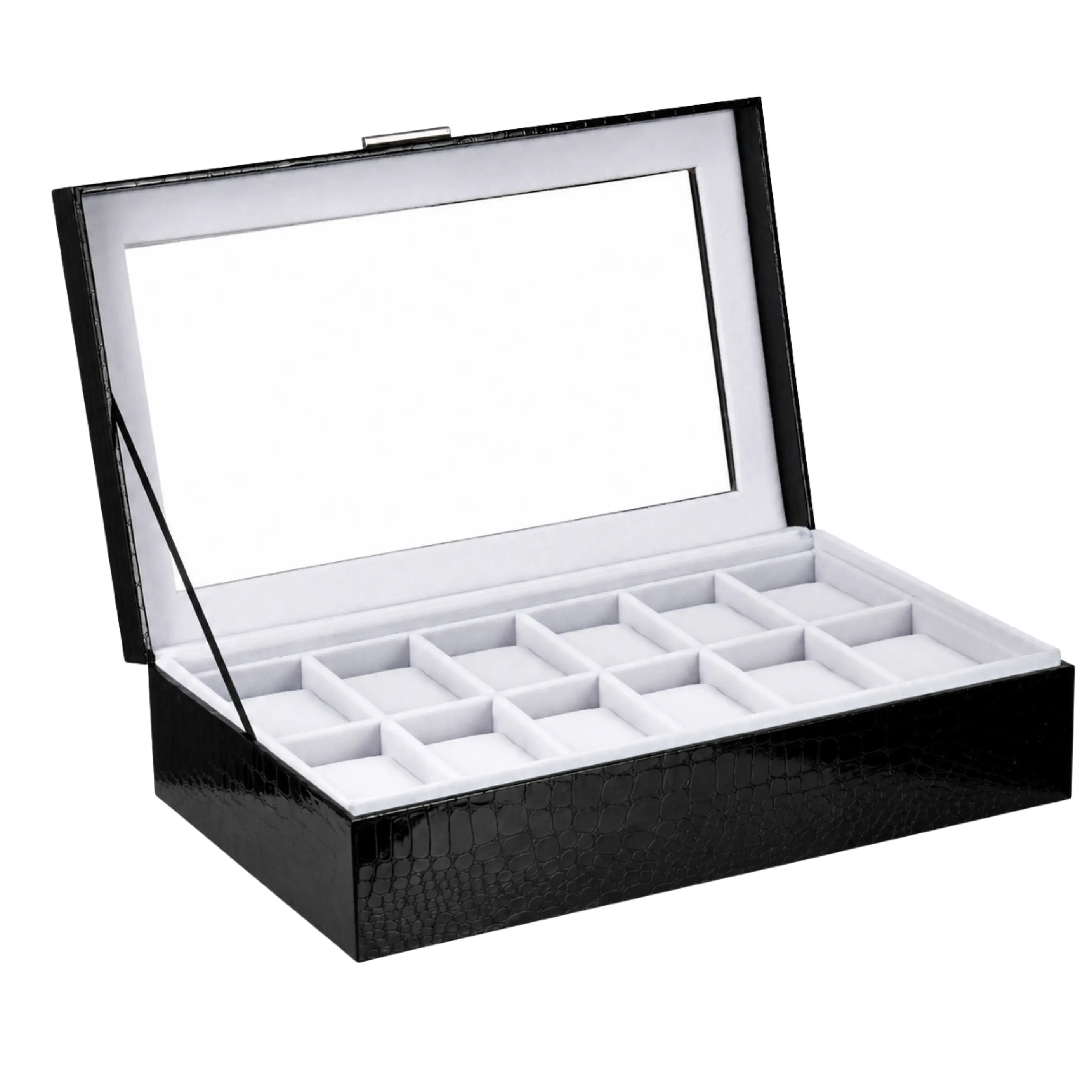 Black jewelry box with glass lid and white interior
