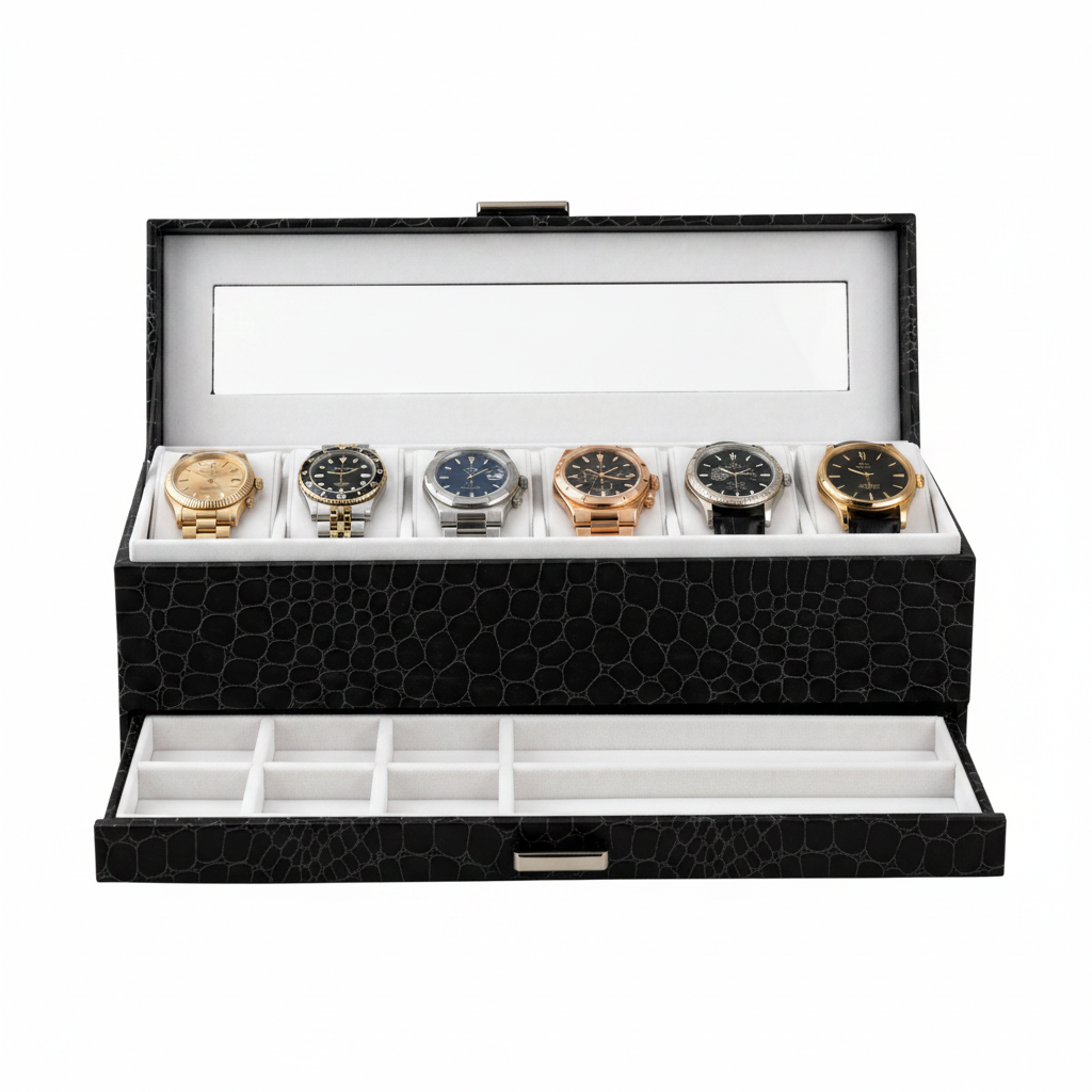 Black watch box with six slots for watches on a white background