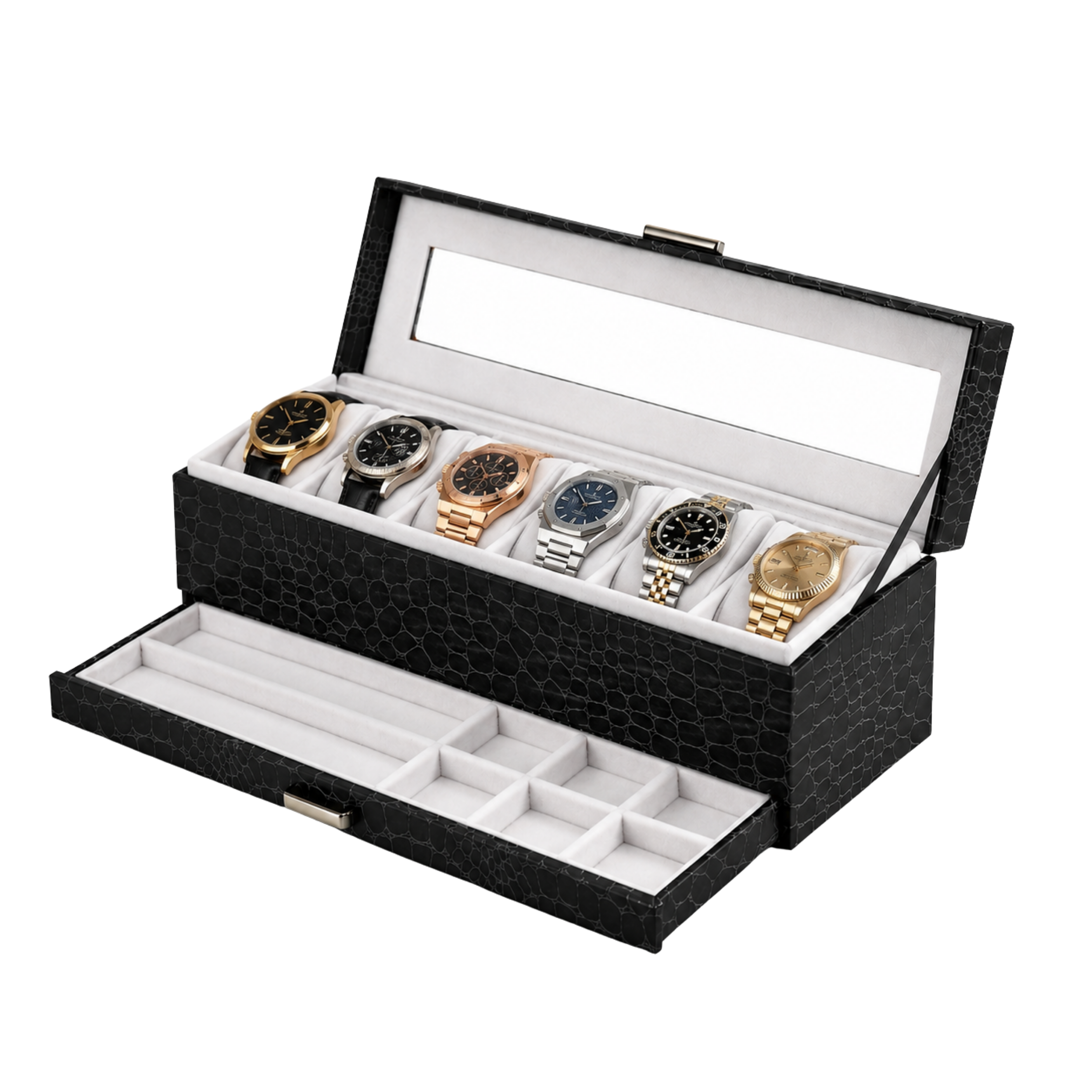 Black watch box with six slots for watches on a white background