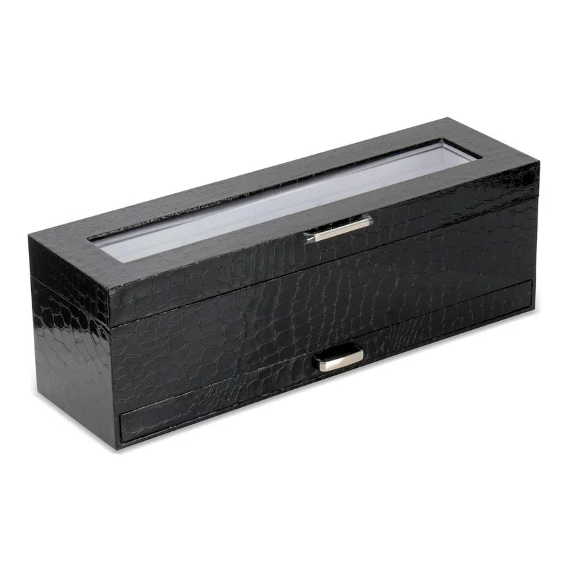 Black crocodile-patterned jewelry box with a clear lid on a white background