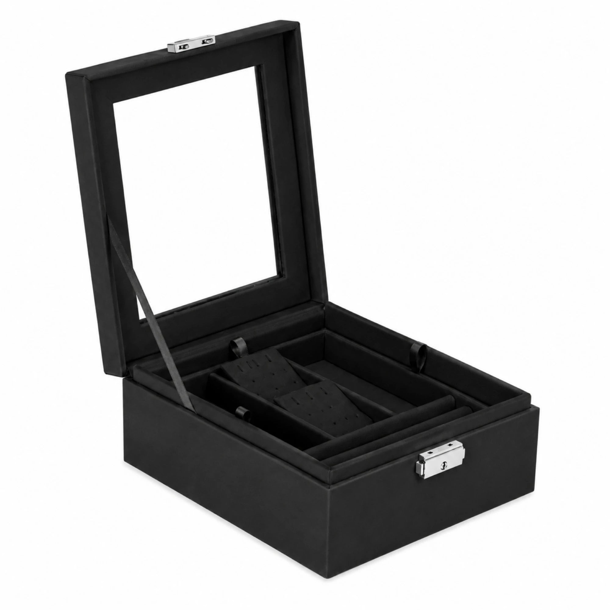 Black jewelry box with a mirror open
