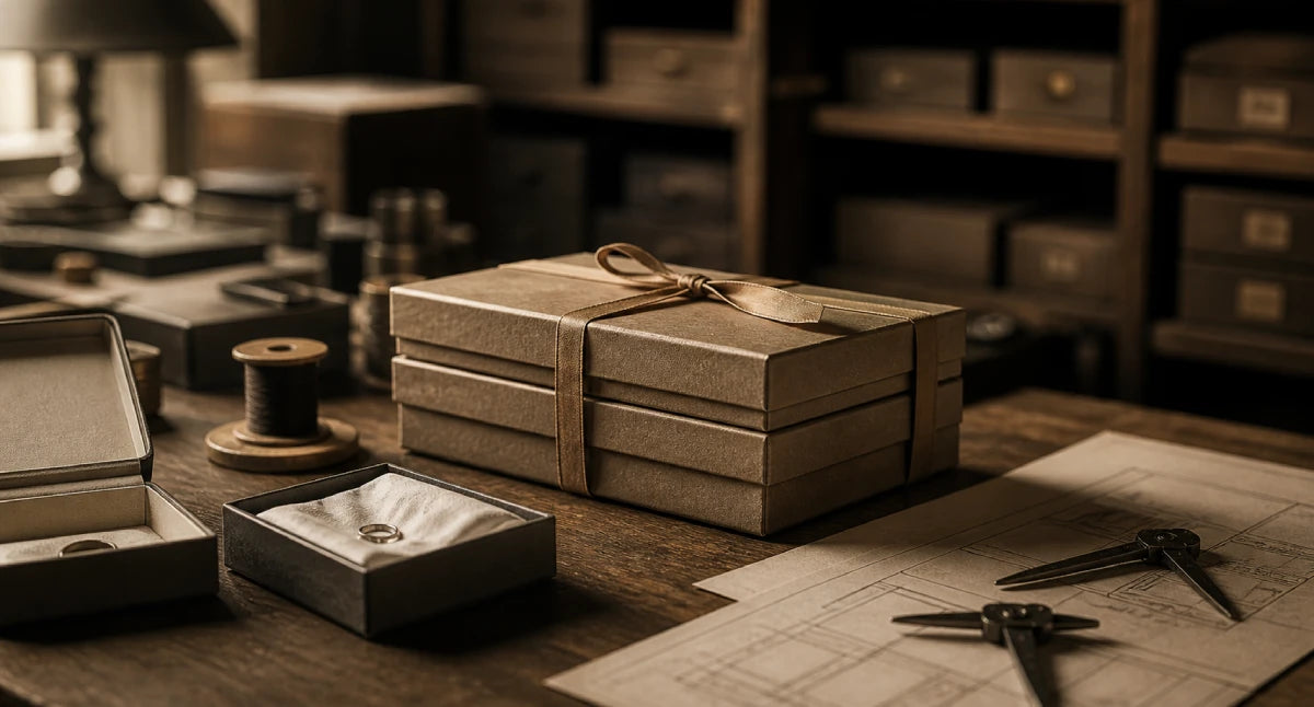 Vintage-style setting with jewelry box, ring, and tools on a wooden surface.