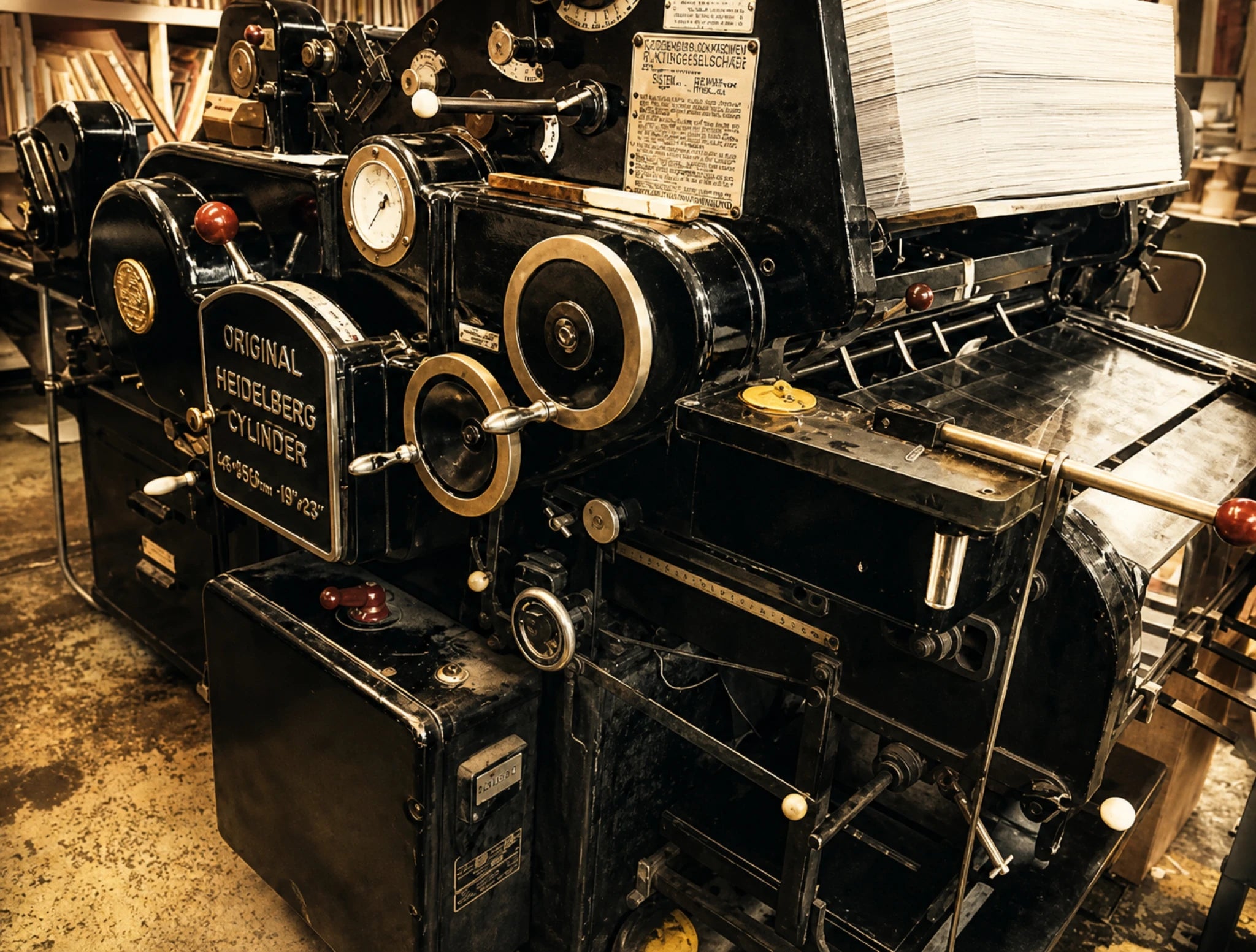 Vintage printing press with 'Original Heidelberg Cylinder' branding in a workshop setting.