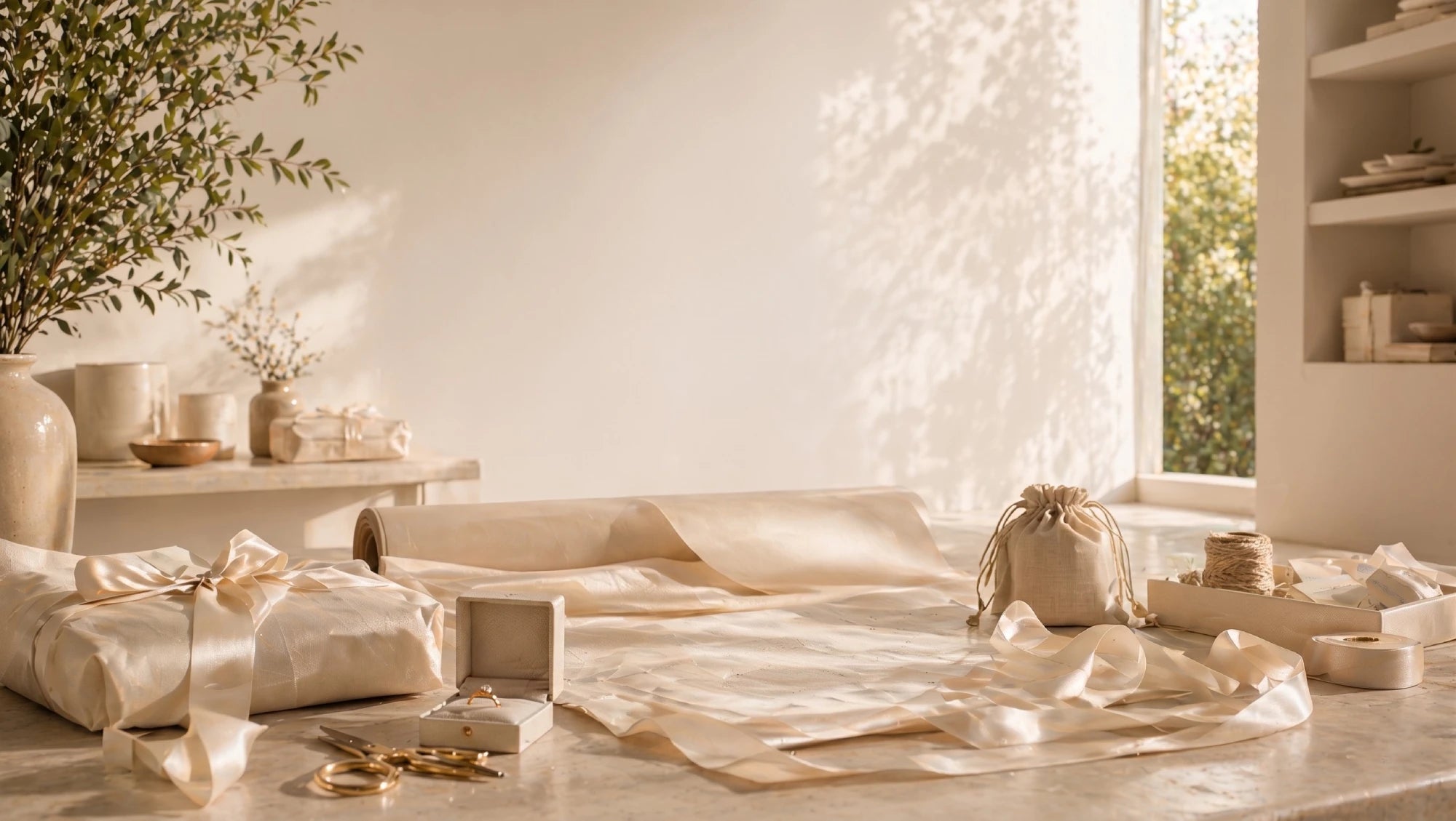 Light-colored room with decorative items on a table and shelves.